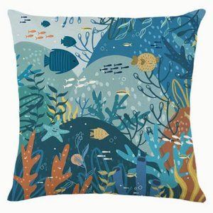 NEW UNDER WATER WORLD BEACH OCEAN LINEN BLEND NAUTICAL PILLOW CUSHION COVER